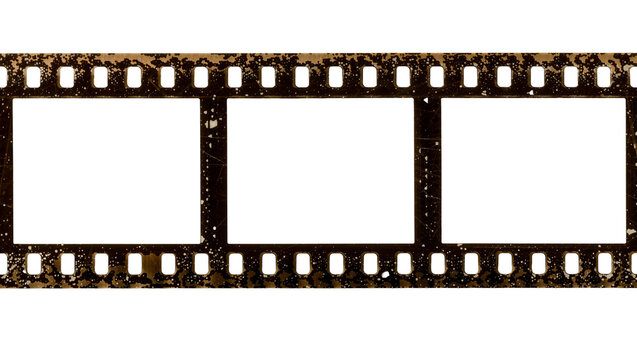 Vintage film strip with three blank frames, isolated on transparent background