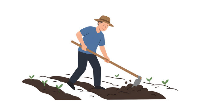 gardener using a hoe tool to till the soil in a vegetable garden