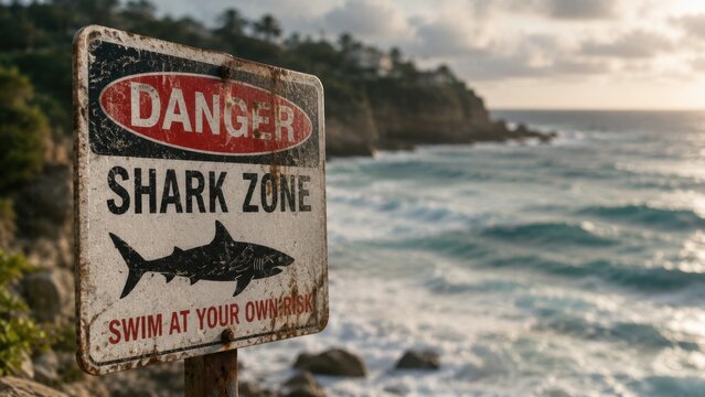 Weathered Shark Danger Warning Sign on Rocky Tropical Ocean Coast
