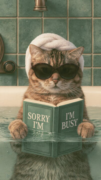 A chic cat relaxes in a bathtub while reading a book.
