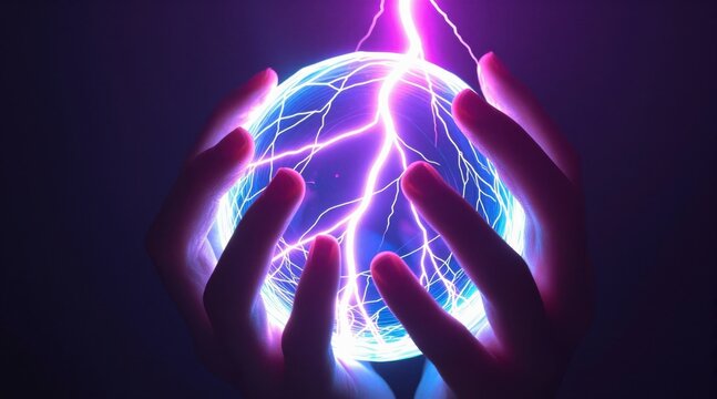 Glowing blue electric energy orb surrounded by human hands and crossed by bright purple lightning against a dark background.