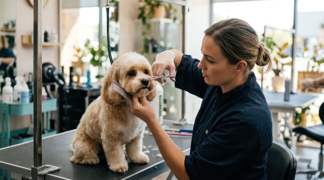 Professional groomer carefully trims a fluffy dogs face on a grooming table.
