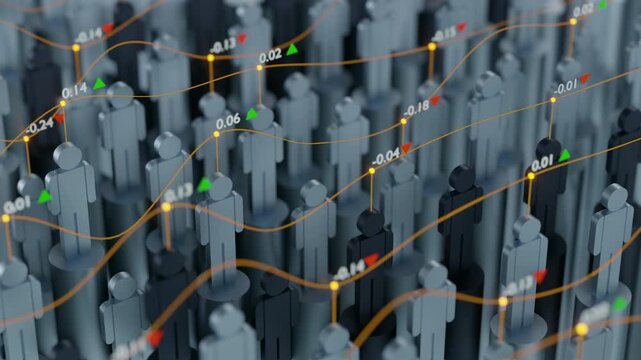 Social demographic data and stock market analytics technology background. Seamless loop of abstract 3D infographic with moving human figure silhouettes on pedestal columns and market trend lines.