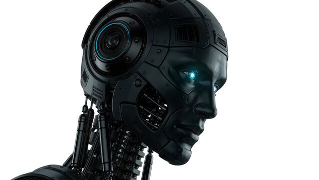 Detailed black cyborg head with glowing blue eyes, isolated on transparent background