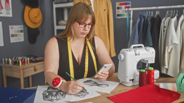 Woman designer sketches garment on paper with pencil while holding smartphone and wearing measuring tape in studio; focused creativity.