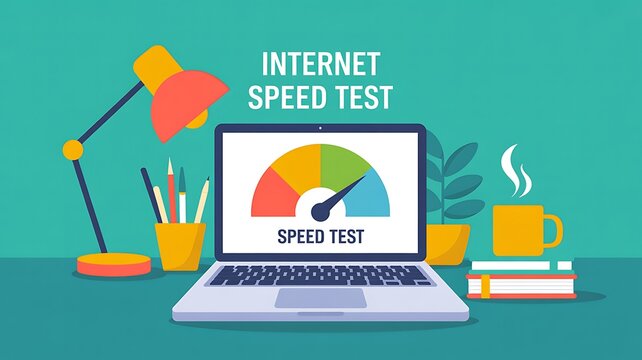 Laptop displaying an internet speed test with a gauge indicating a good connection, surrounded by office supplies and a steaming cup of coffee