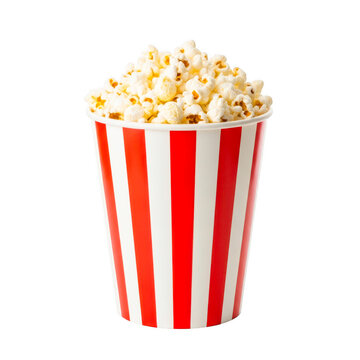 Fresh salty popcorn in striped bucket isolated on transparent background