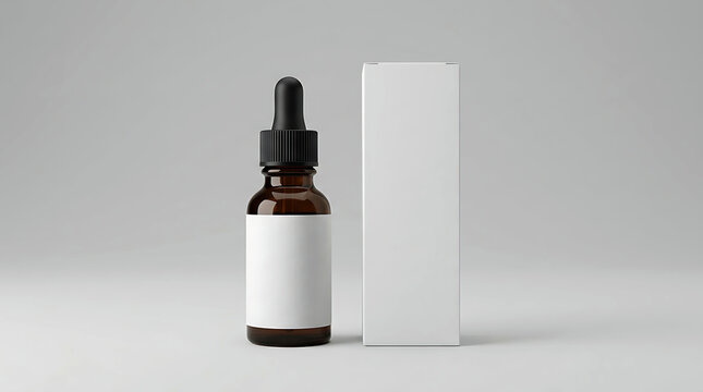 Amber dropper bottle mockup with white label and box on gray background
