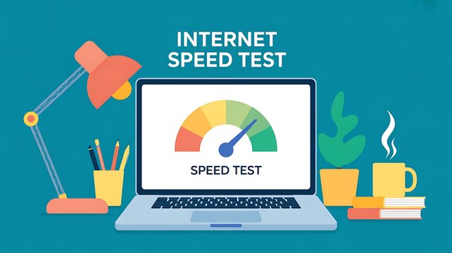 An illustration of a laptop displaying an internet speed test with a colorful gauge, set on a desk with a lamp and other office supplies. The text on the screen reads INTERNET SPEED TEST
