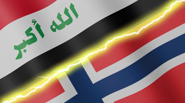 Two waving flags Iraq and Norway with diagonal lightning seamless, 4k loop