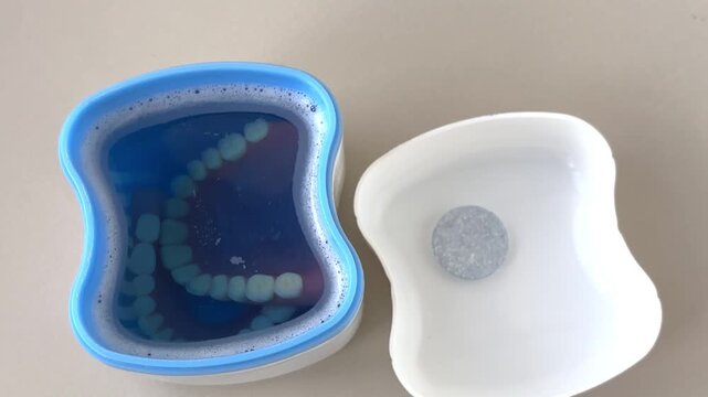 Denture cleaning tablets dissolving in a blue bowl with water  