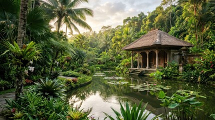 Obraz premium Serene Tropical Oasis with Ancient Pavilion Overlooking Lush Jungle Pond.