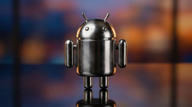 Shiny Chrome Android Robot Mascot Symbol.