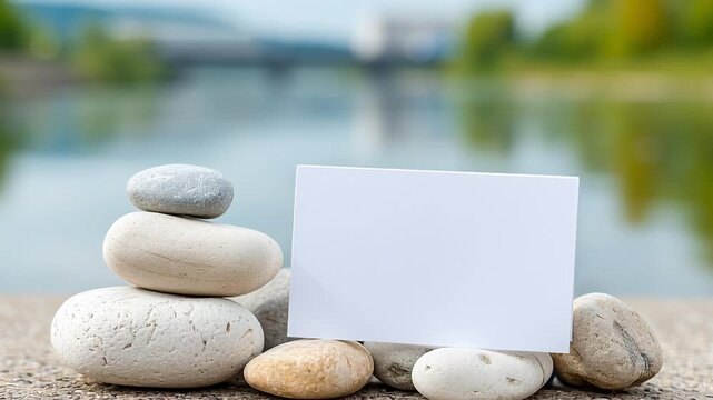 Blank card on stacked stones by serene riverbank