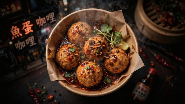 Savory meatballs with herbs served in a wooden bowl.