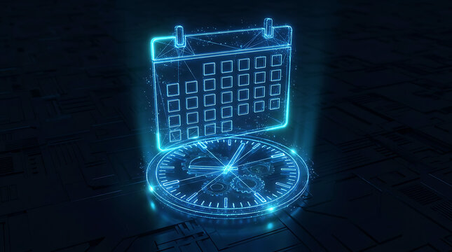 Holographic calendar and clock interface projected on digital surface