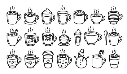 Fototapeta premium Cute Marshmallow Cocoa Mug Hand Drawn Doodle Vector Icon Collection