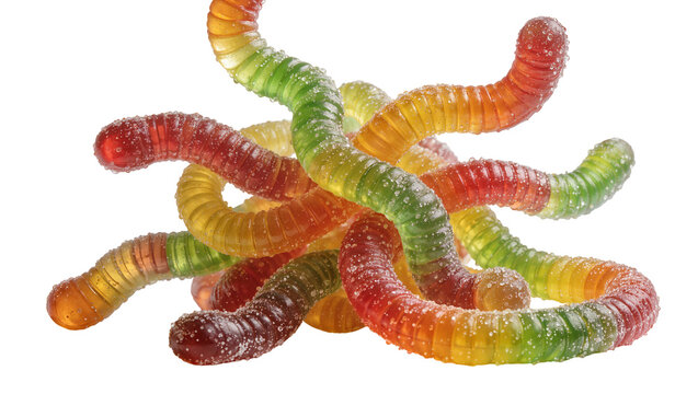 Pile of colorful gummy worms covered in sugar, isolated on transparent background