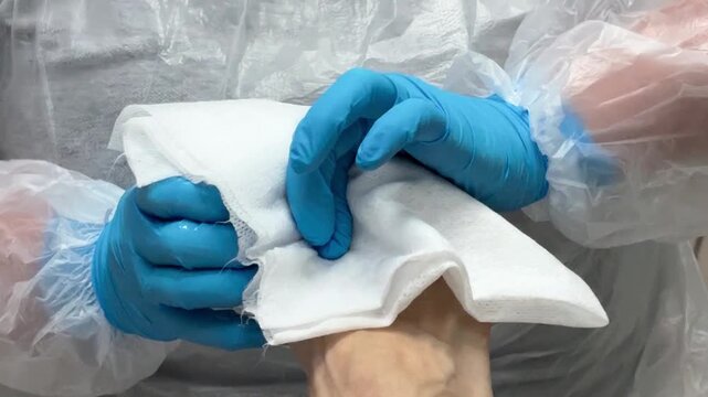 Nail plate treatment with gloved hands applying clean absorbent cloth  