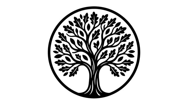 Intricate vector line drawing of an oak tree silhouette inside a circular frame, solid black ink on a plain white background, a classic symbol of nature and growth, ideal for emblems and logos