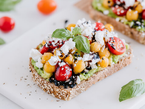 avocado toast with diced cherry tomatoes, chickpeas, crumbled feta cheese, fresh basil and abalsamic glaze 