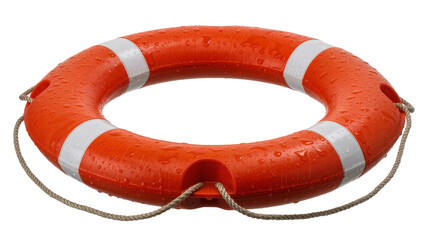 Orange life preserver ring with white stripes and water droplets, isolated on transparent background © Noah