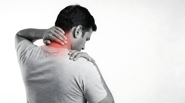 Man Experiencing Neck Pain and Discomfort Symptoms in a monochrome setting