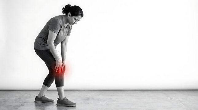 Woman experiencing knee pain holding her leg with highlighted red area indicating discomfort or injury