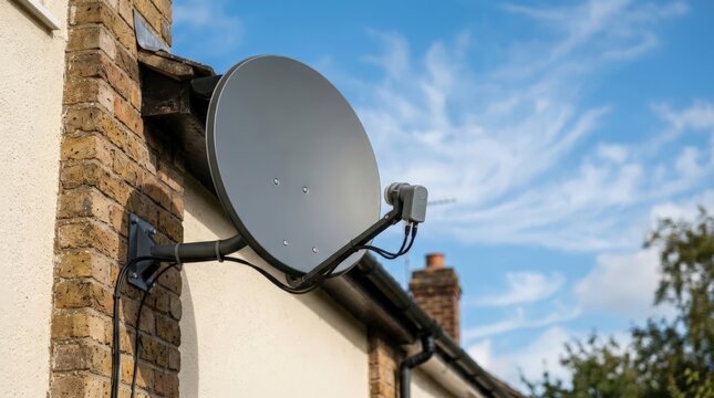 A modern satellite dish is mounted on a brick exterior wall against a clear blue sky, capturing signals that utilize various energy sources to power household communication networks