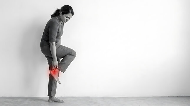 Woman experiencing discomfort or pain in her ankle while holding her foot with her hand
