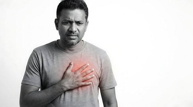 An expression of concern and discomfort with a hand placed on the chest indicating possible health issues or emotional distress