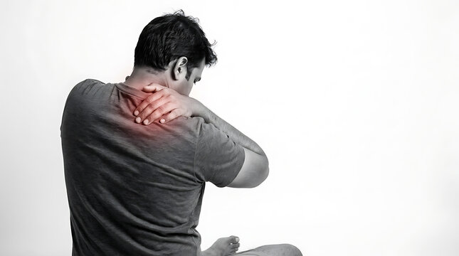 Young man experiencing neck pain or discomfort due to possible strain or injury in a minimalistic studio setting