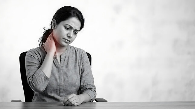 Contemplative woman experiencing neck discomfort during work in a minimalist setting