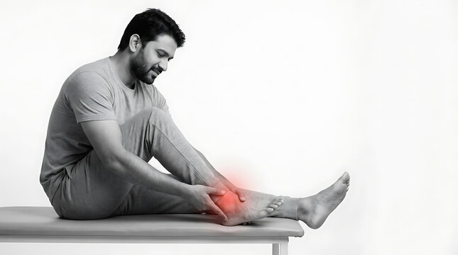 Man experiencing ankle pain during stretching exercise in a minimalistic setting
