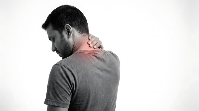 Man experiencing neck and shoulder pain demonstrating discomfort and tension in a minimalistic studio setting