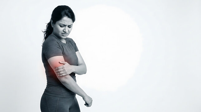 Woman experiencing arm pain indicating injury or discomfort with a somber expression in a monochrome setting