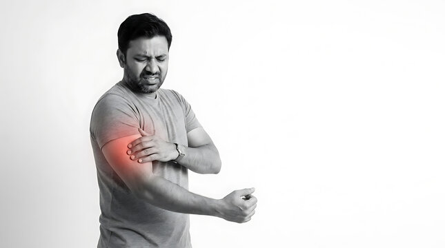 Man experiencing shoulder pain with a highlighted area indicating discomfort or injury in a monochrome setting