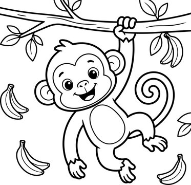 Happy monkey swinging from a tree branch with falling bananas for fun creative children coloring books