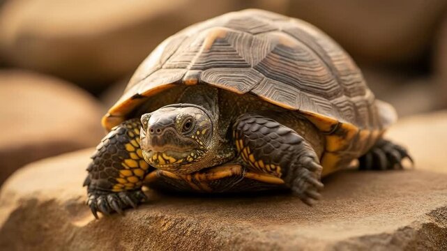 A curious turtle with a patterned shell and yellow markings rests on a warm rock.