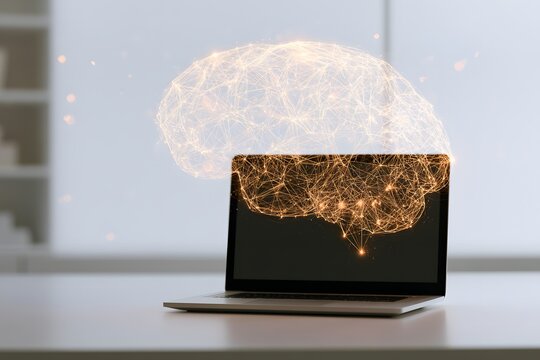 Leuchtendes digitales Gehirn &uuml;ber Laptop als Konzept f&uuml;r k&uuml;nstliche Intelligenz