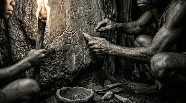 Monochrome pair carving symbols into stone by torchlight in a dim cavern