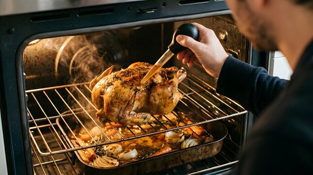 A person basting a roasted chicken with juices using a bulb baster inside a hot oven