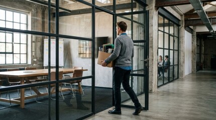Fototapeta premium A man in a gray sweater walks through a glass door carrying a cardboard box of office supplies, leaving a large wooden conference table behind