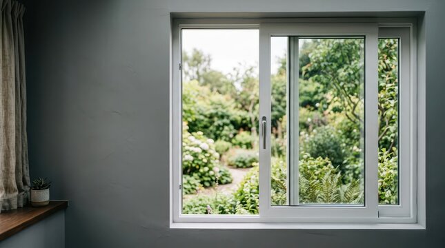 View of Lush Greenery Through a Modern Sliding Window.