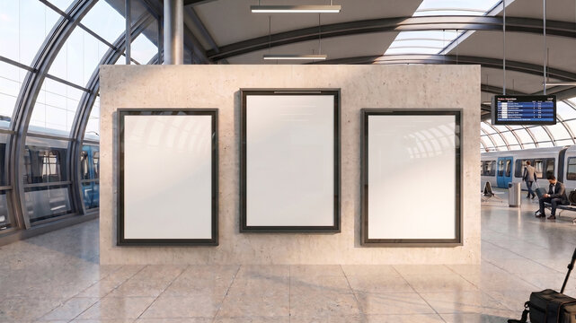 Realistic Three Vertical Blank Poster Mockups on Marble Wall in Modern Daylight Train Station