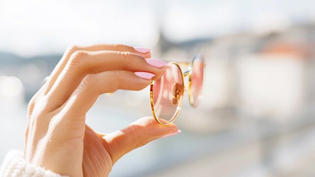 Golden sunglasses with pink lenses held outdoors on a sunny day