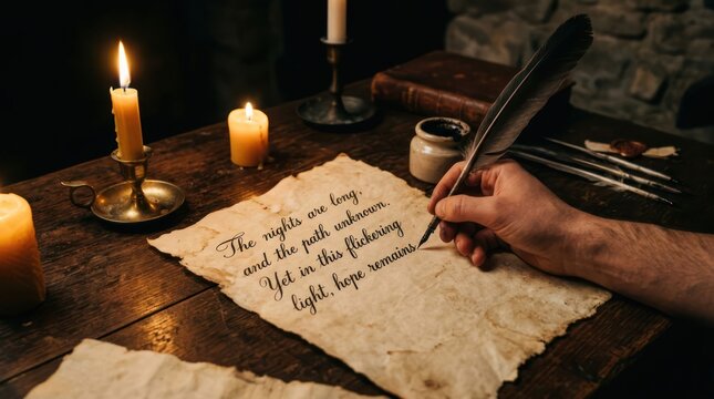 Vintage Scene of a Hand Writing with a Quill Pen by Candlelight 1.