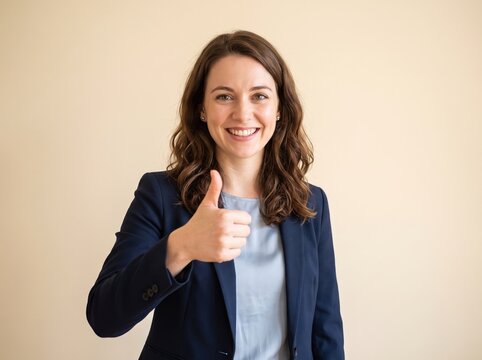 Friendly Businesswoman Giving Thumbs Up Gesture in Professional Attire Smiling Cheerfully