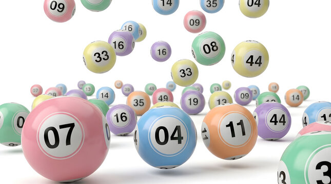 Colorful lottery balls with numbers falling on white background for gambling concept