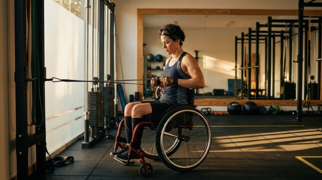 Woman in Wheelchair Engages in Strength Training with Resistance Bands in Gym.